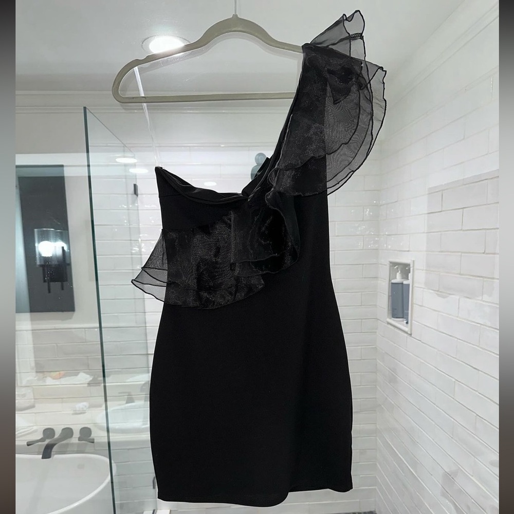 Blue Blush Black One Shoulder Ruffle Minidress